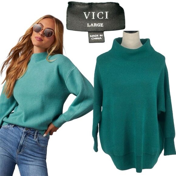 Vici Amsterdam Mock Neck Knitted Heavyweight Sweater Green Womens Sz L Cozycore - Picture 1 of 12